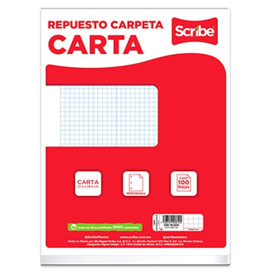 PAQUETE CON 100 HOJAS DE CUADRO 5 MM TAMAÑO CARTA PARA CARPETA DE ARGOLLAS SCRIBE