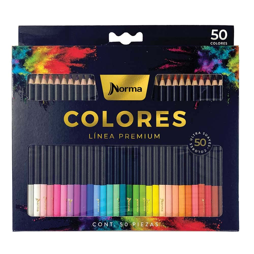 CAJA CON 50 COLORES REDONDOS LARGOS PREMIUM NORMA