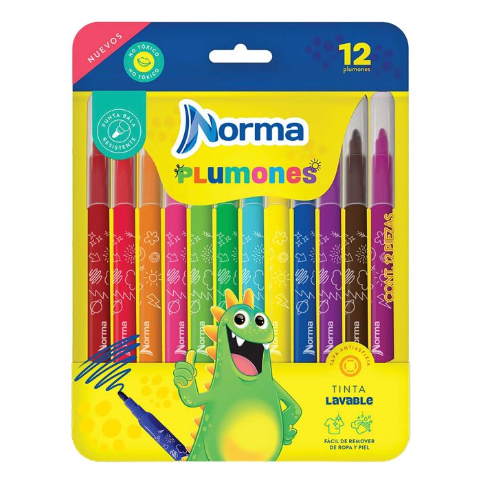 PLUMONES LAVABLES PUNTA DE BALA ESTUCHE C/12 PIEZAS 886308 MC. NORMA 2024