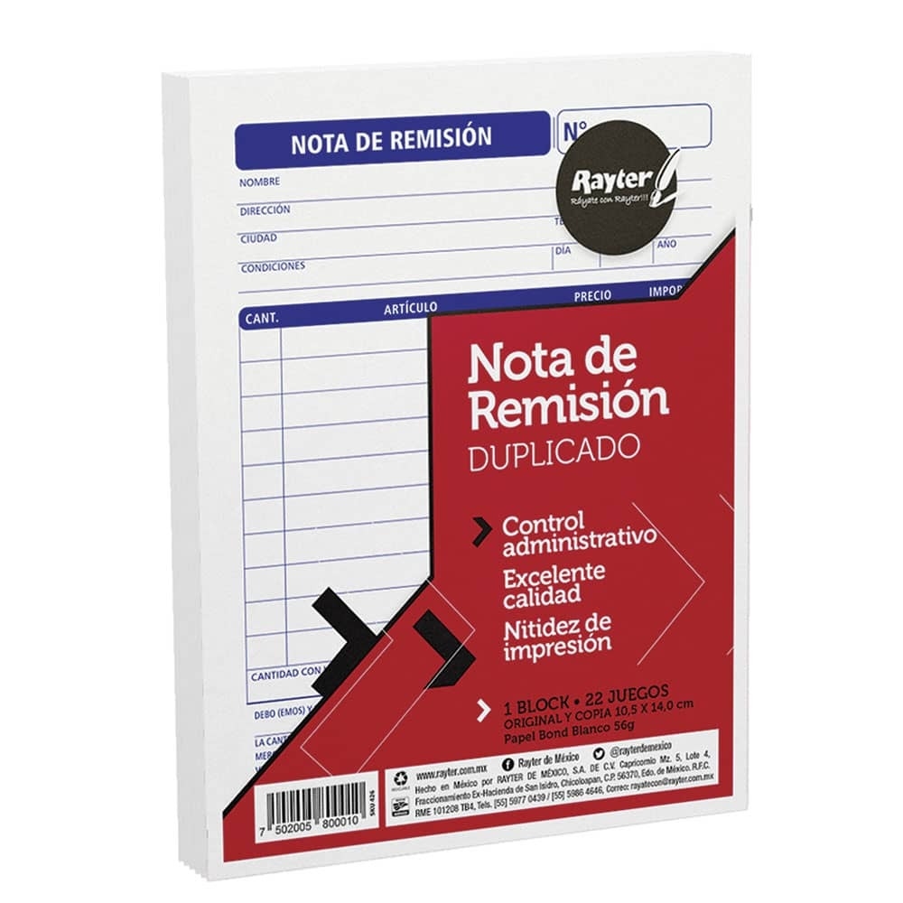 BLOCK DE REMISION 1/4 DUPLICADO AUTOCOPIANTE C/22 JUEGOS MC. RAYTER
